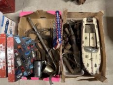 An autojumbler's lot of old c-type spanners, box spanners, race trophies etc.