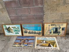A group of five Shell advertising posters, these are part of the 1969 reproduced set, three framed