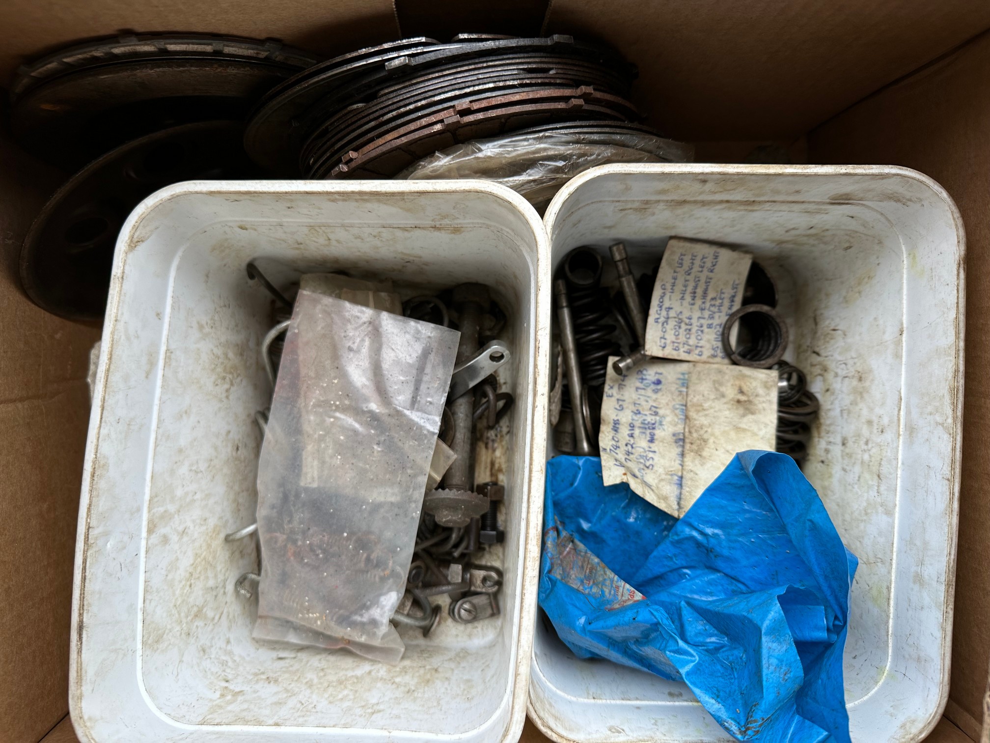 A box of BSA engine and gearbox spares, various A7 valves, clutch parts etc. - Image 2 of 3