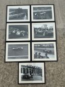 Seven framed and glazed black and white prints of motorsport in the 1960s.