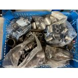 A crate of assorted socket spanners, dies, open ended spanners etc.