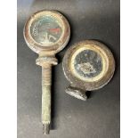 An early Riley radiator gauge plus a Wilmott-Breeden motometer.