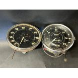 A Smith and Sons 0-100mph black-faced speedometer, marked MH to the dial, plus a Jaeger 0-120mph