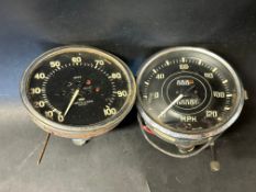 A Smith and Sons 0-100mph black-faced speedometer, marked MH to the dial, plus a Jaeger 0-120mph