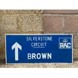 A Silverstone Circuit RAC British GP stencilled hardboard sign, circa 1960s/1970s.