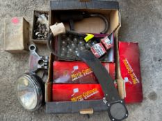 A box of various parts including Ariel Leader rear bumper, a box of Wipac ignition keys, Triumph