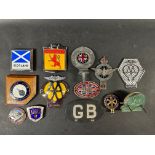 13 assorted car badges.