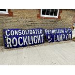 A large two piece enamel sign advertising Rock Light Lamp Oil, Consolidated Oil Petroleum Co. Ltd,