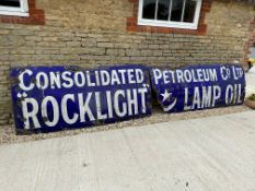 A large two piece enamel sign advertising Rock Light Lamp Oil, Consolidated Oil Petroleum Co. Ltd,