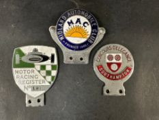 A Midland Automobile Club enamel badge, a Motor Racing Register enamel car badge, no. 181 and a t