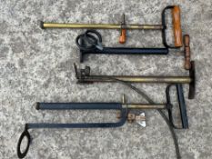 Two stirrup pumps including a Battersley & Davidson No.2 and two stirrup sprayers.