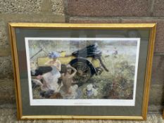 A large scale framed and glazed limited edition print titled 'Bathing Party with 1912 Renault',