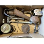 A box of various parts including horns, a WWII period shielded bicycle lamp in original box etc.