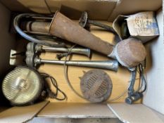 A box of various parts including horns, a WWII period shielded bicycle lamp in original box etc.