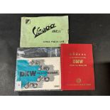 A Vespa 125cc spare parts list, a DKW motorbike brochure and a reproduction manual for a BMW 328