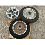 Three second hand Harley Davidson wheels.