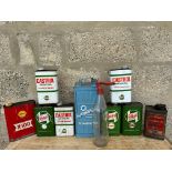 A quantity of oil cans including Castrol, also an Exide battery filler bottle etc.