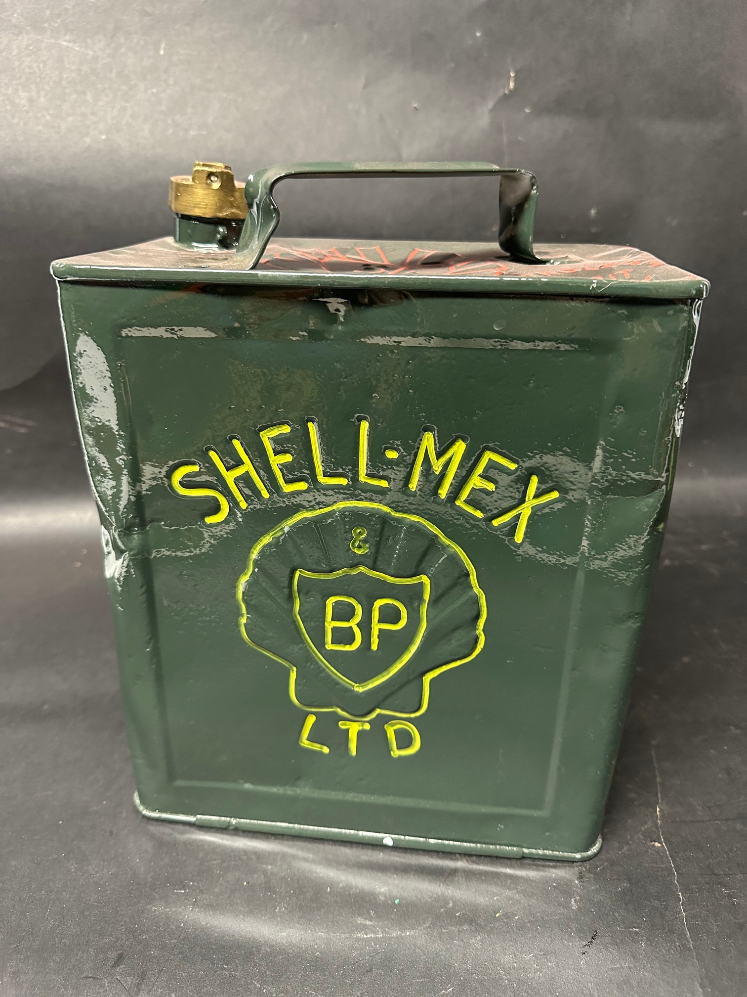 A Shell Mex & BP Ltd. two gallon petrol can, repainted with BP cap, Valor 10 39 to base.