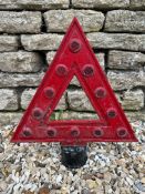 A cast alloy warning triangle road post top with reflectors, marked Royal Label Factory, 18 1/2 x 18