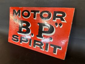 A BP Motor Spirit doubled sided enamel sign by Bruton of Palmers Green, remains of hanging flange,