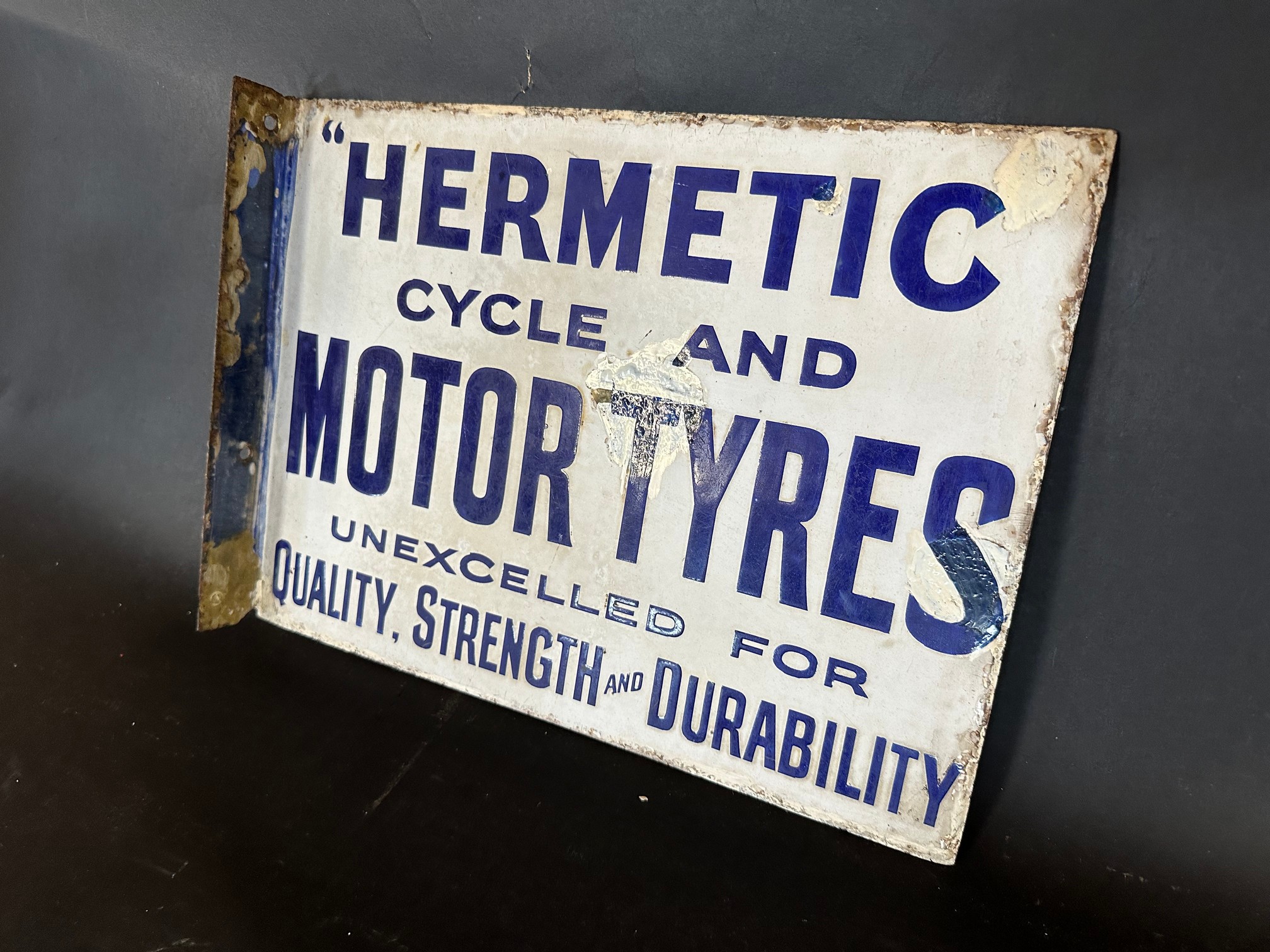 A Hermetic Cycle and Motor Tyres double sided enamel advertising sign with hanging flange in - Image 3 of 6
