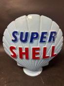 A 'Shell Super' blue glass petrol pump globe stamped made by Hailware, damage to neck, see images.