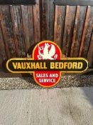 A Vauxhall Bedford Sales and Service double sided hanging dealership sign comprising two tin signs