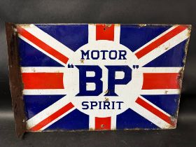 A BP Motor Spirit Union flag double sided enamel advertising sign with hanging flange, by Franco