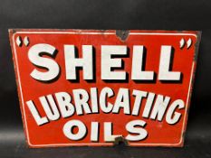 An early Shell Lubricating Oils double sided enamel advertising sign with hanging flange, 18 x 13"
