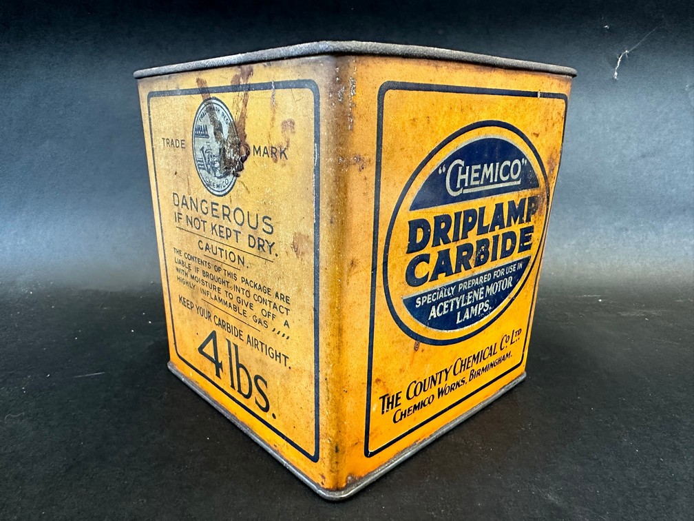 A Chemico Driplamp Carbide square tin, lacking lid.