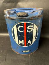 A CSMA SAE 10W 30 cylindrical can.