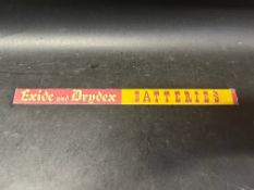 An Exide and Drydex Batteries tin shelf strip advertising sign, 16" across.