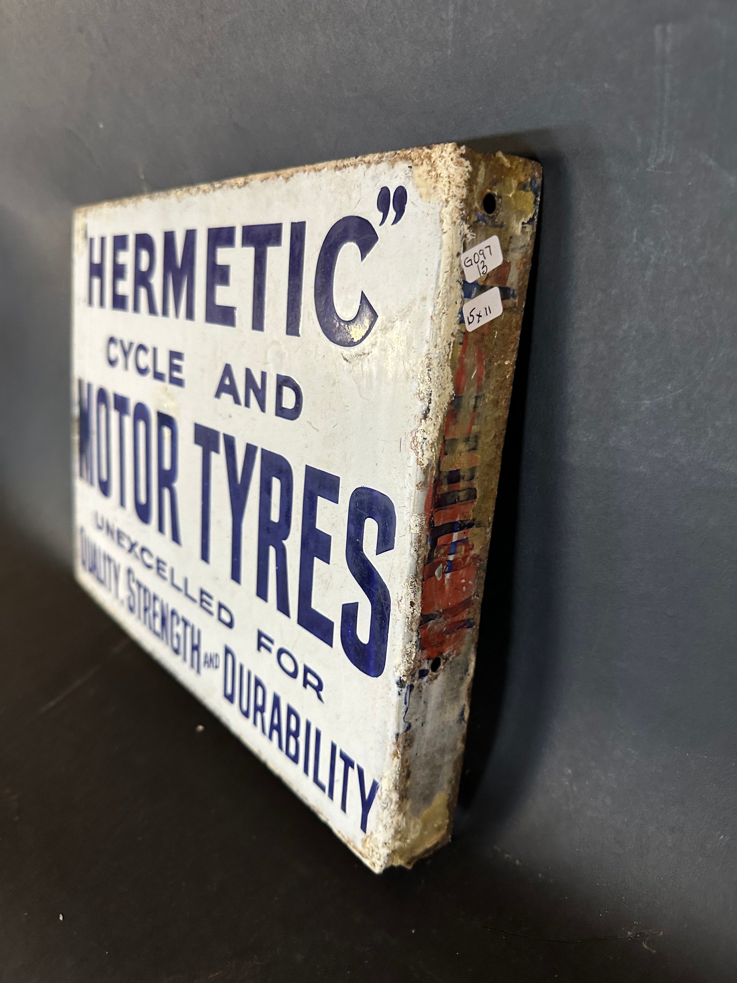 A Hermetic Cycle and Motor Tyres double sided enamel advertising sign with hanging flange in - Image 5 of 6