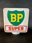 A BP Super box-shaped petrol pump globe by Webbs Crystal Glass, good colour to both sides, damage to