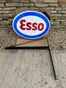 An Esso double sided light-up sign comprising acrylic panels in metal frame with substantial hanging