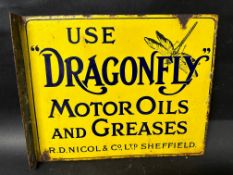 A rare Use Dragonfly Motor Oils and Greases double sided enamel advertising sign with hanging flange