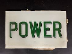 A Power brand glass advertising panel from a petrol pump, appears unused, 14 x 8 1/2".