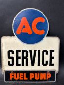 An AC Service double sided aluminium sign with hanging flange, with 'Fuel Pump' tag sign applied,