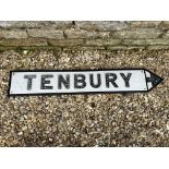 A Tenbury directional metal covered wooden road sign with applied cast reflective letters, 42 x 7".