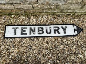 A Tenbury directional metal covered wooden road sign with applied cast reflective letters, 42 x 7".