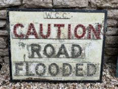 A W.C.C. (council) Caution Road Flooded road sign of cast plates with reflective beads fixed to a