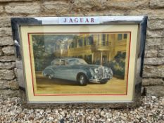A large Jaguar showroom display picture of a Mk. VIII Jaguar Saloon, in heavy wooden frame with