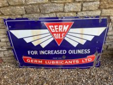 A large Germ Oils 'For Increased Oiliness' enamel advertising sign for Germ Lubricants Ltd. 60 x