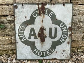 An Auto Cycle Union 'ACU Hotel' double sided enamel sign, 20 x 20".