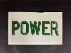 A Power glass brand window for a petrol pump, in good condition, 14 x 8 1/2".