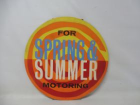 A Spring & Summer Motoring circular cardboard tyre insert sign, 16 1/2" diameter.