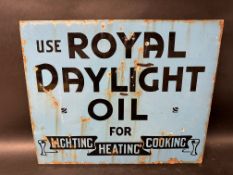 A 'Royal Daylight Oil' double sided enamel sign with hanging flange, 18" x 22"