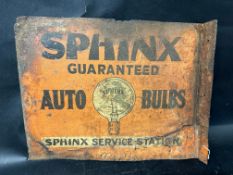 A Sphinx Guaranteed Auto Bulbs & Fuses double sided pictorial tin advertising sign. 20 x 16".