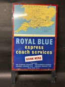 A 'Royal Blue Express Coach Services' pictorial enamel sign mounted on a wooden display frame, 21