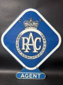 An RAC double sided enamel advertising sign with applied 'Agent' tag and hanging bracket, 22 1/4 x